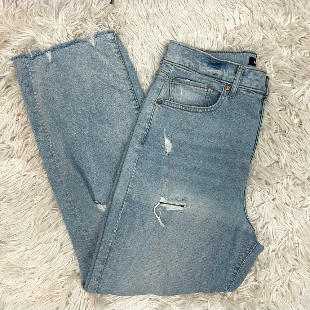 Express Modern Straight Super High Waist Raw Hem Distressed Blue Jeans Size 8S